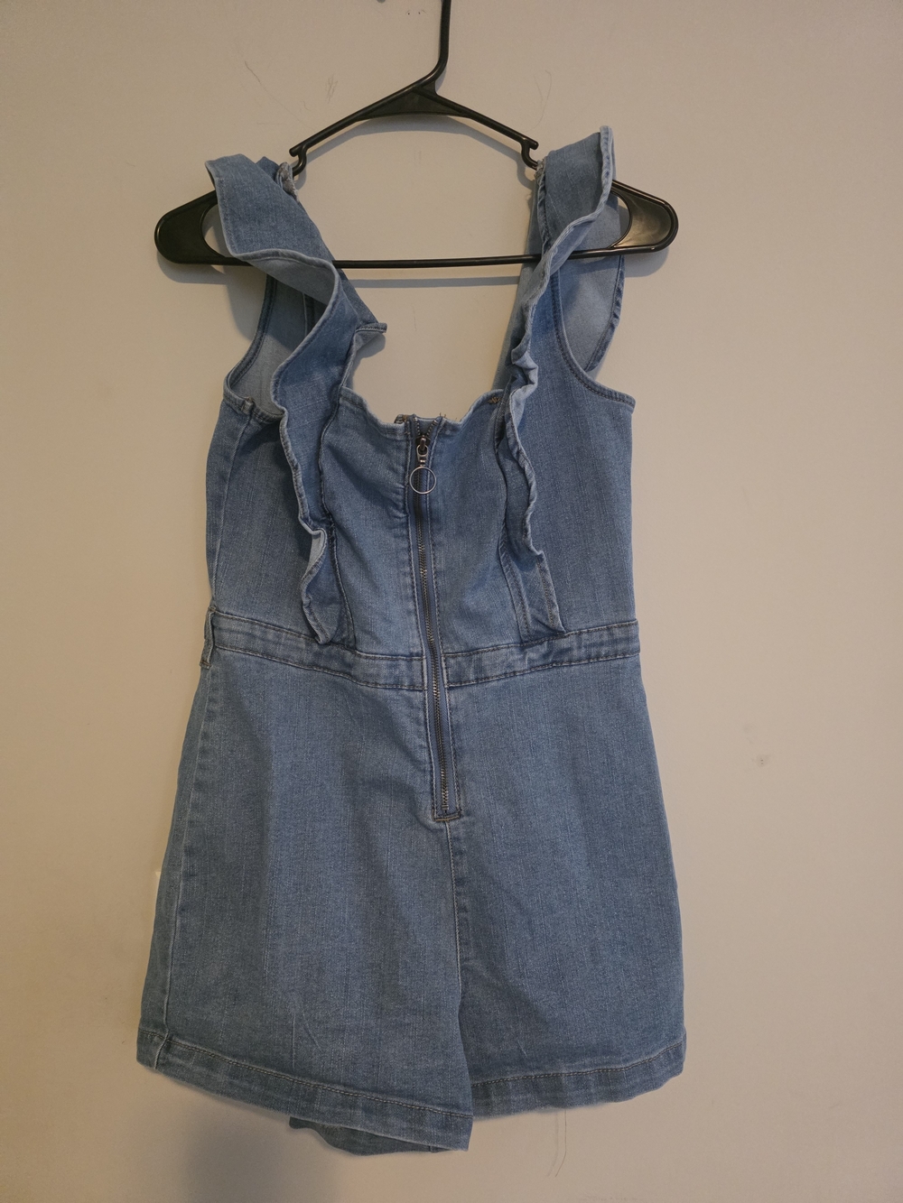 Tinseltown LBlue Denim Ruffle Front-Zip One-Piece Romper